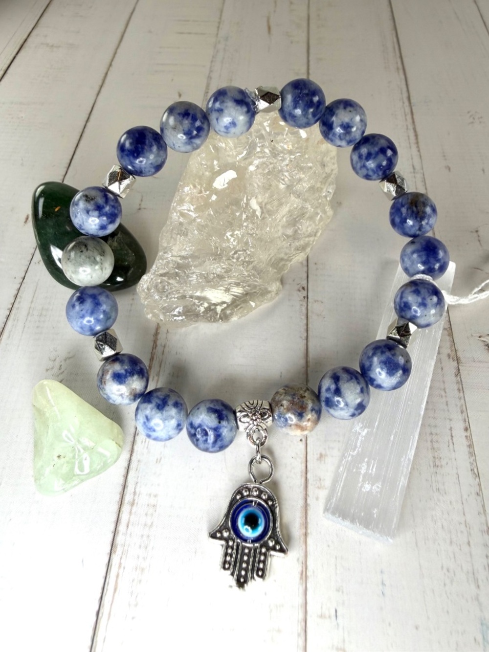 Blue Spot Jasper 8MM Bracelet with Evil Eye Charm
